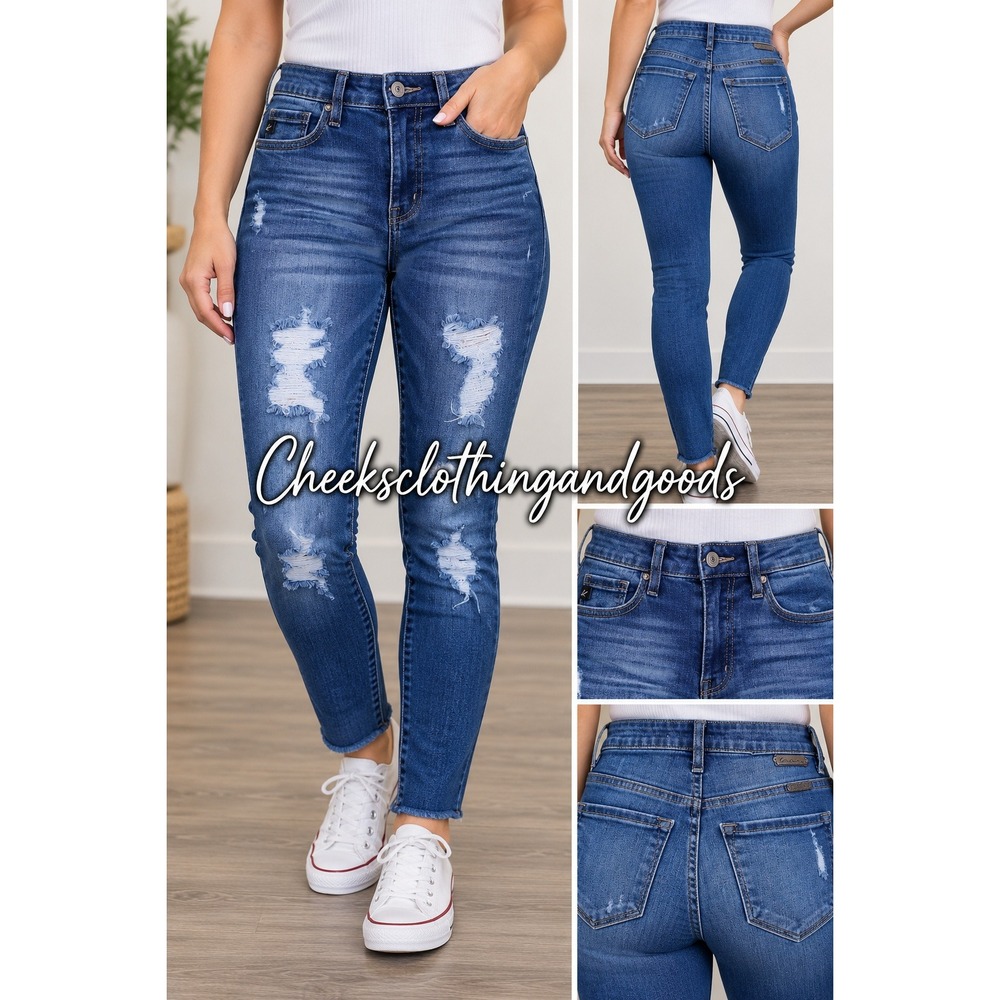 KanCan High Rise Distressed Skinny Jeans Medium Wash Raw Hem KC7237D Size 24/1